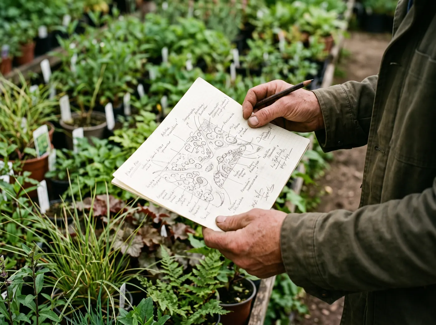 Handgetekend beplantingsplan tussen jonge vaste planten